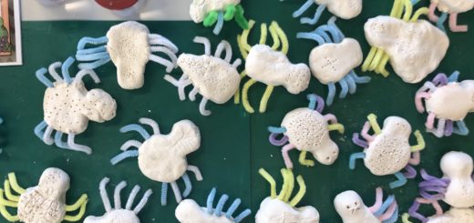 Gebastelte Spinnen aus Ton und Biegeplüsch.